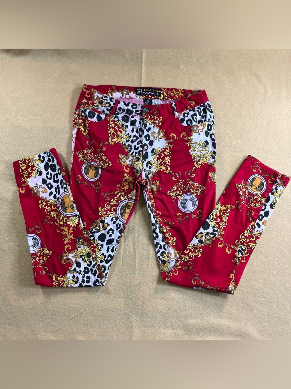 Y2K Hot Swag Pants Juniors 13 Red Leopard Baroque Print McBling Stretch FLAWS***